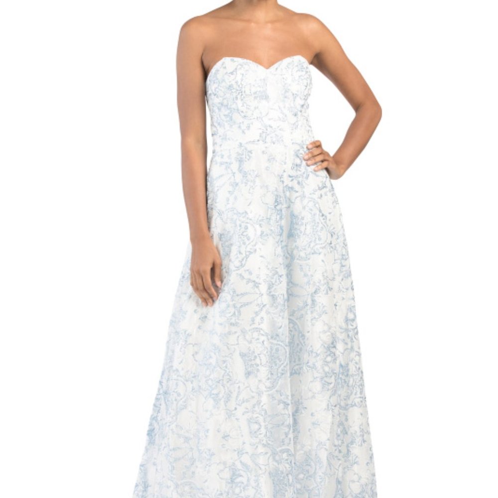 Cachet Strapless Glitter Gown White Silver & Blue NWT